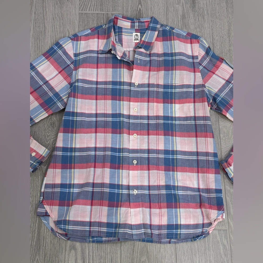 HIROSHI KATO 100% Cotton Pink Plaid Button Down Shirt Size Large EUC